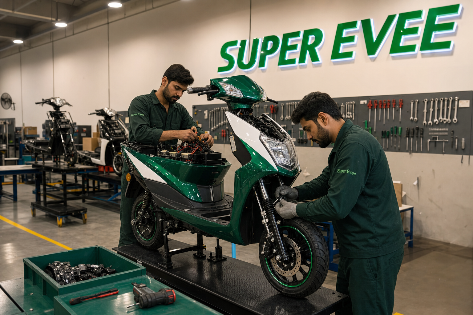 Super Evee technicians assembling an electric scooter locally