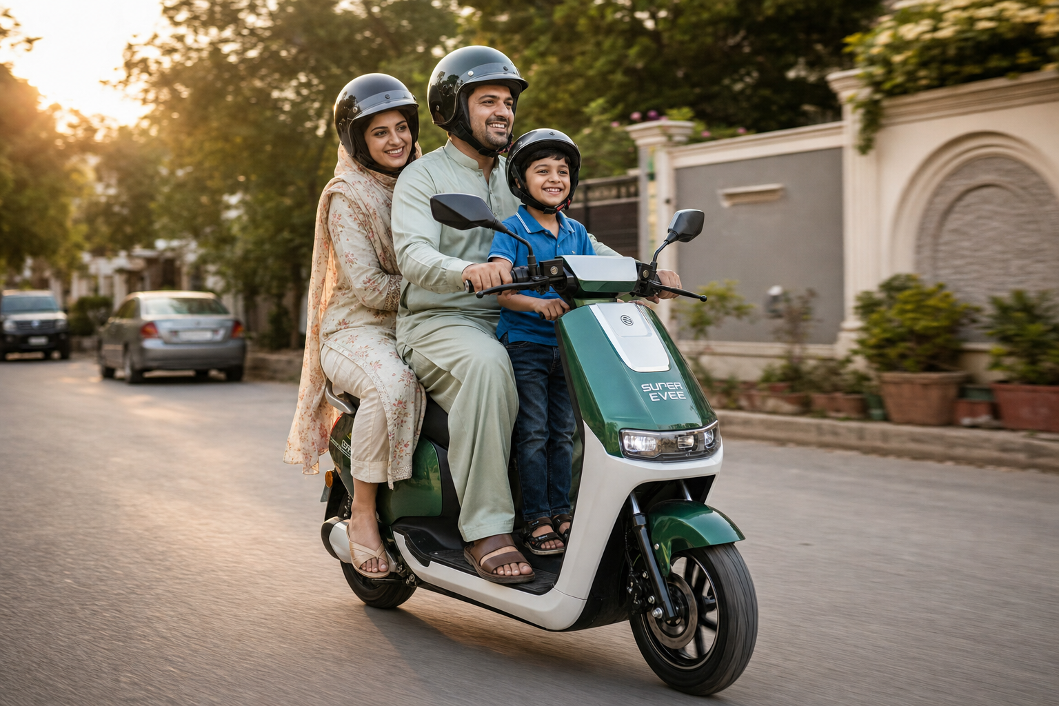 A Pakistani family riding a Super Evee electric scooter together