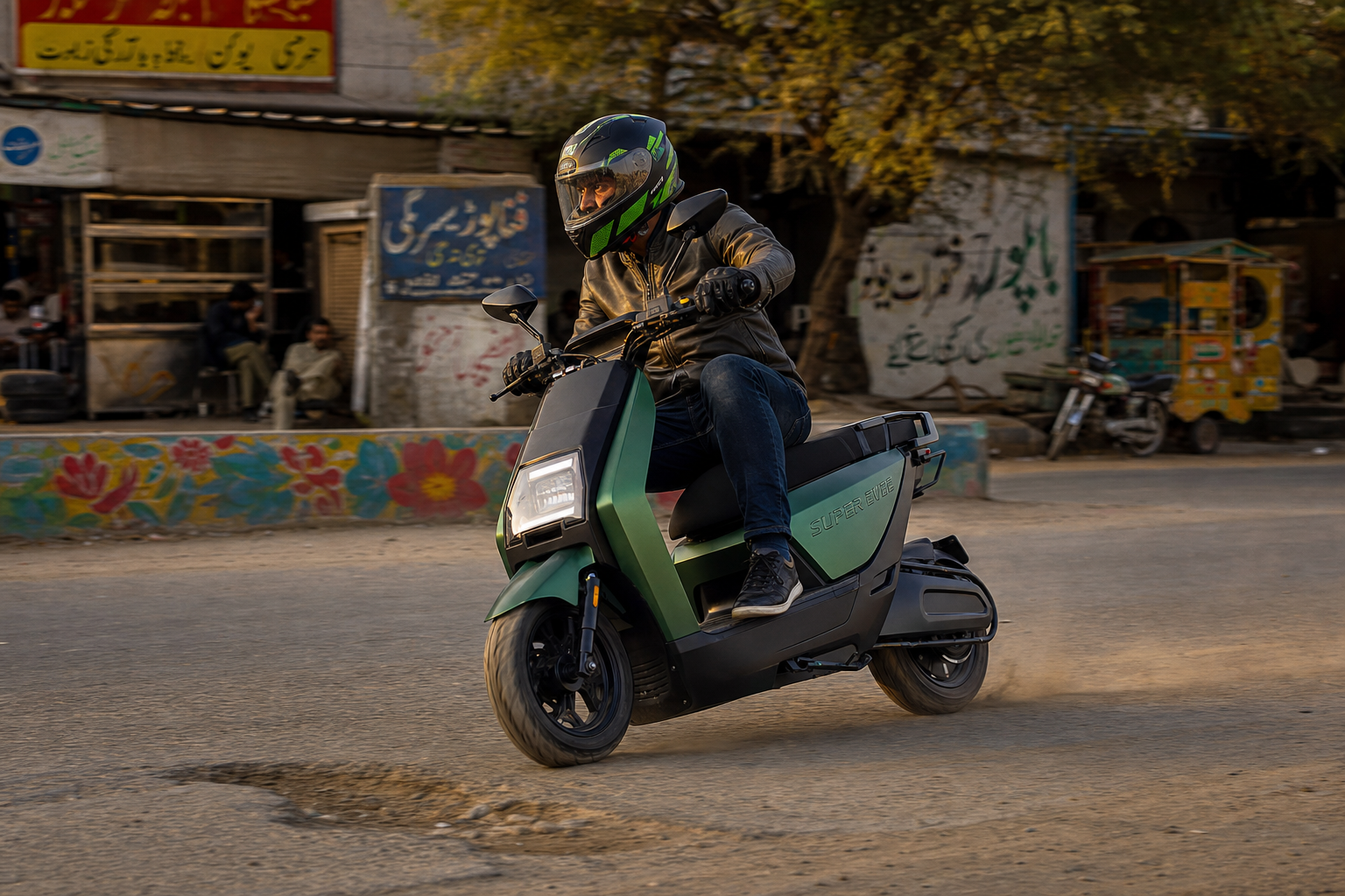 Pakistani street with a Super Evee handling real-world road conditions